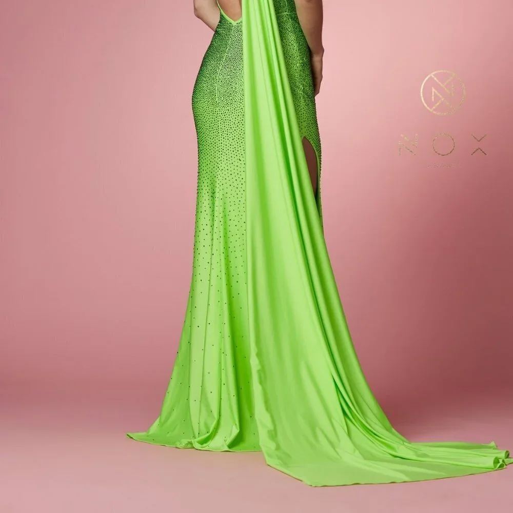 NEW LONG ONE SHOULDER SLEEVELESS EMBROIDERED RHINESTONE DRESS WITH CAPE NX E1039 - Picture 9 of 9